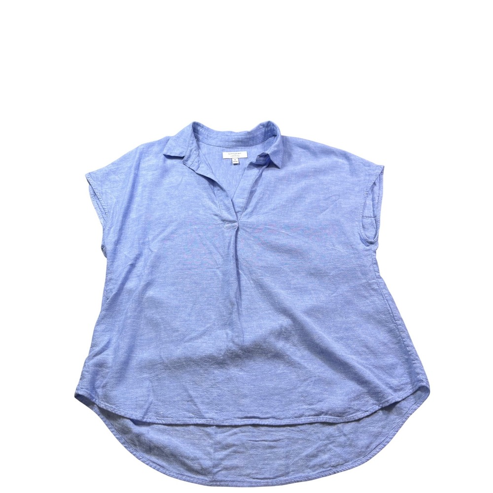 Banana Republic Women's Small Linen Blend Popover Top Blue Cap Sleeve Hi Low